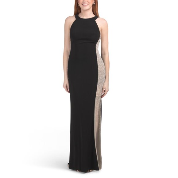 XSCAPE Black/nude Made In Usa High Neck Beaded Illusion Gown - Picture 1 of 2